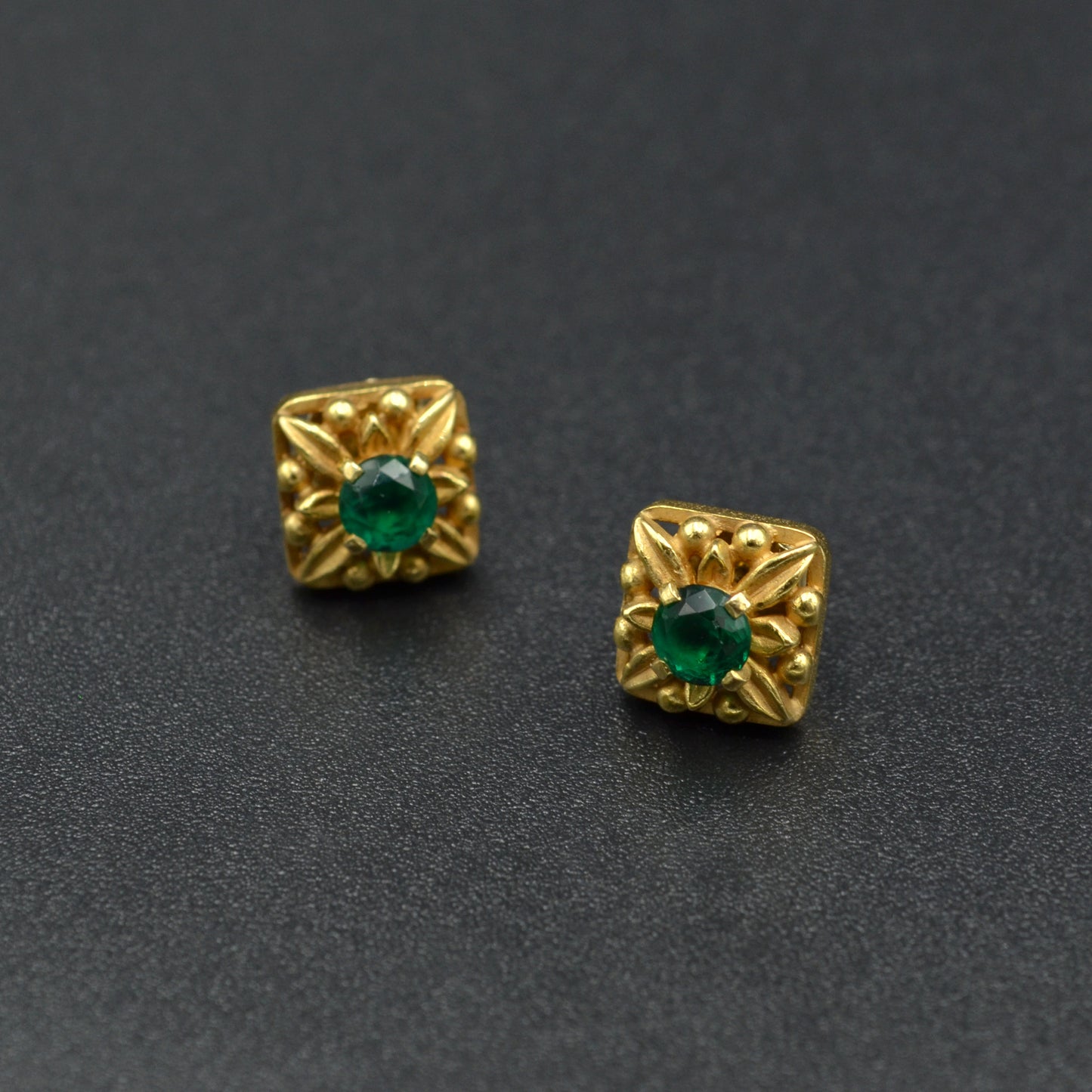 Gold and Green Glass Post Earrings