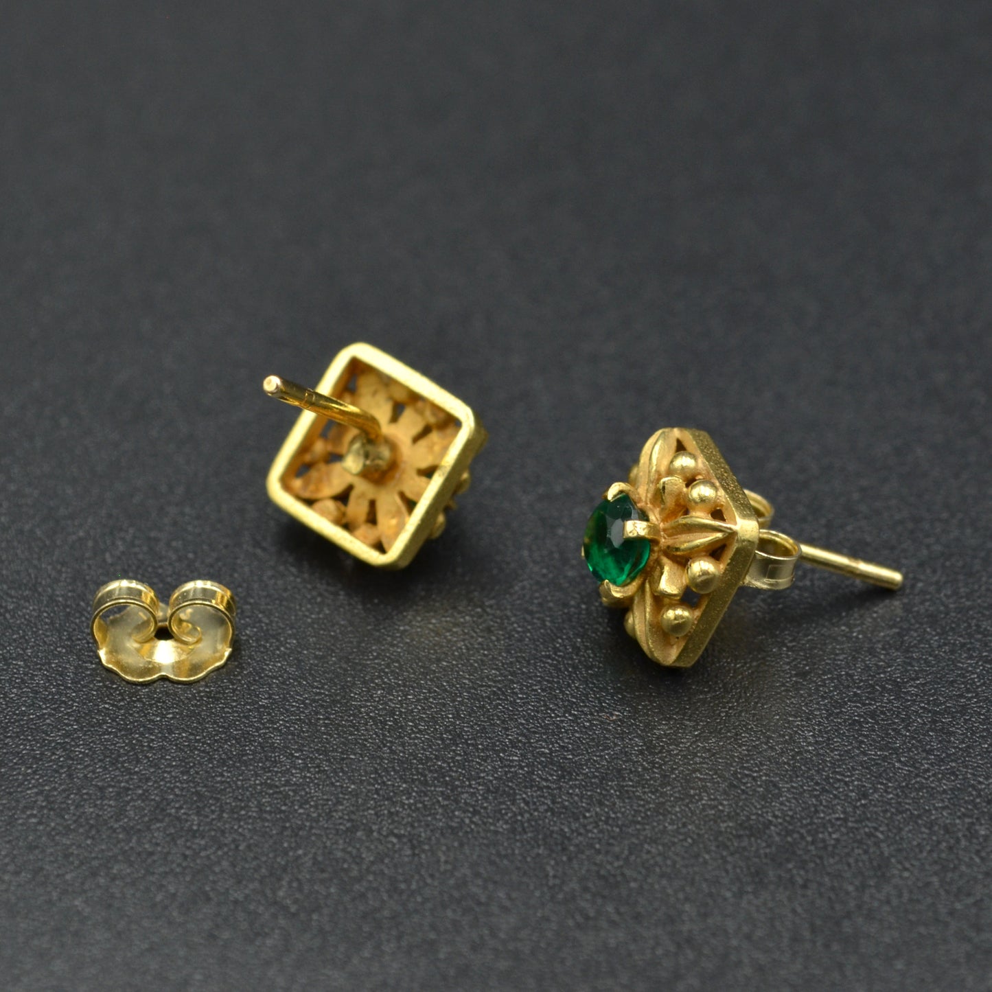 Gold and Green Glass Post Earrings