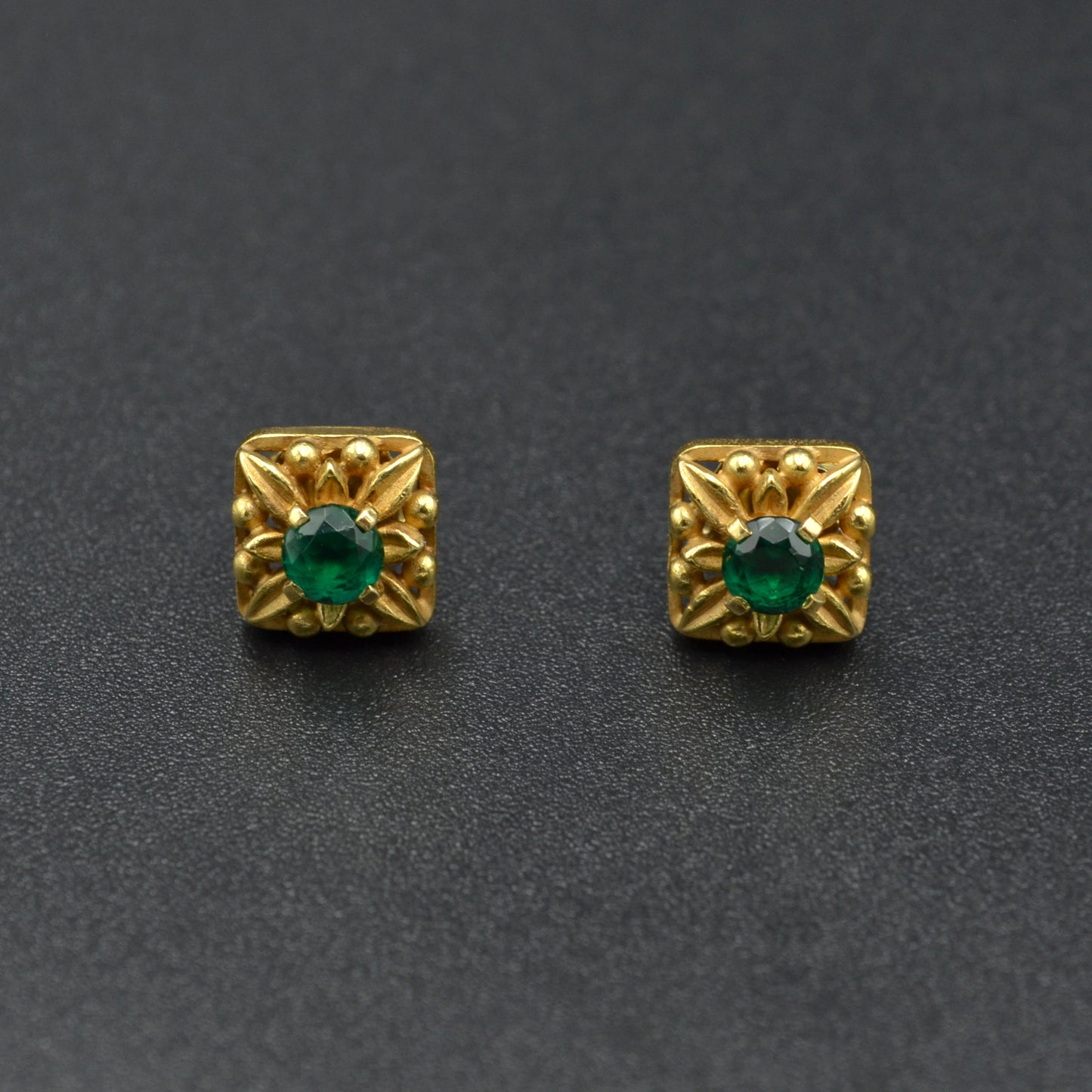 Gold and Green Glass Post Earrings