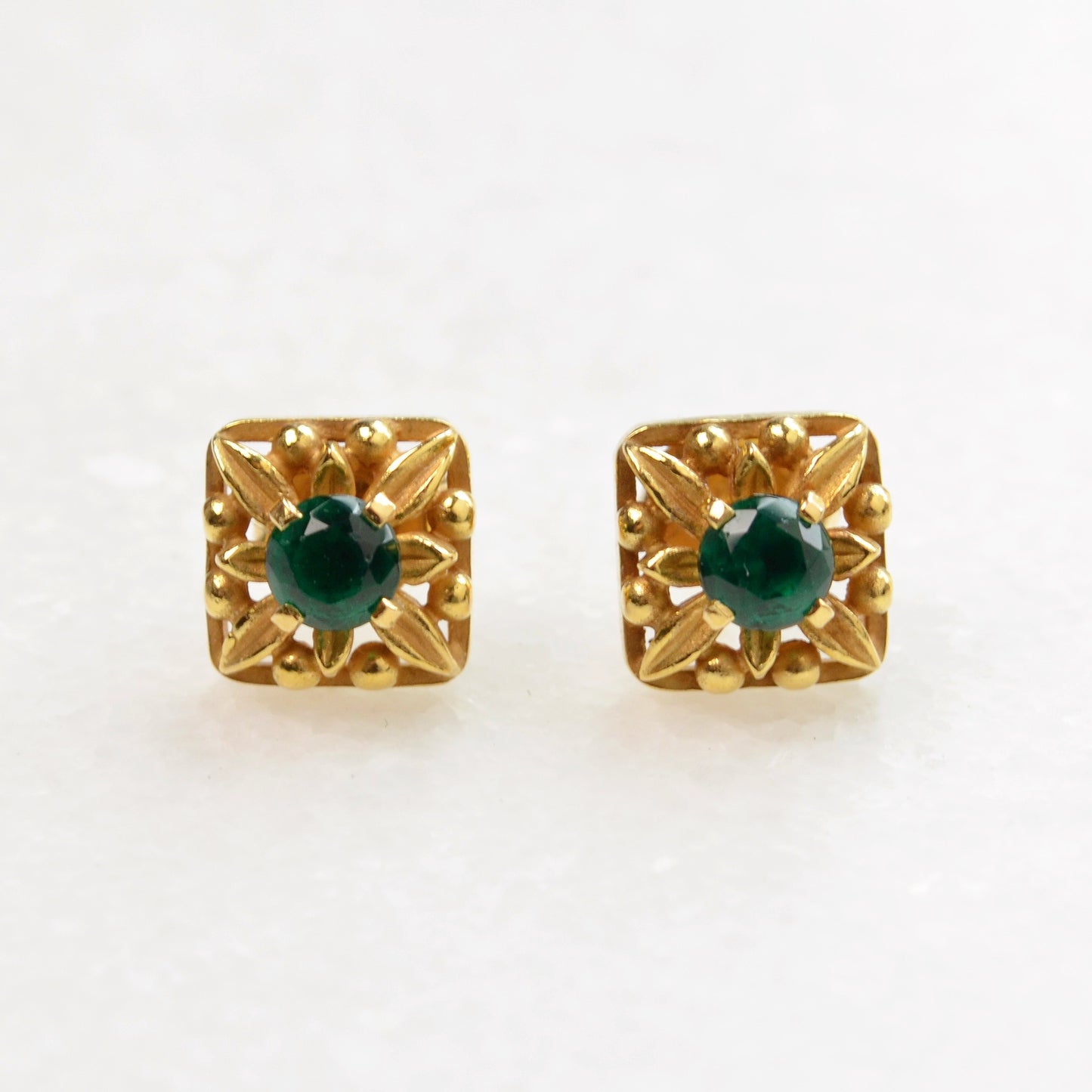Gold and Green Glass Post Earrings