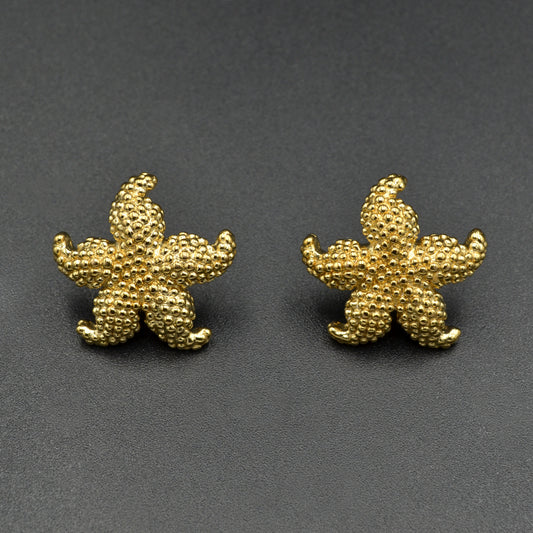 Vintage Textured and Puffed 14k Gold Figural Starfish Earrings