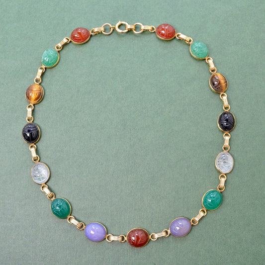 Vintage Egyptian Revival Gemstone Scarab and Gold-Filled Necklace