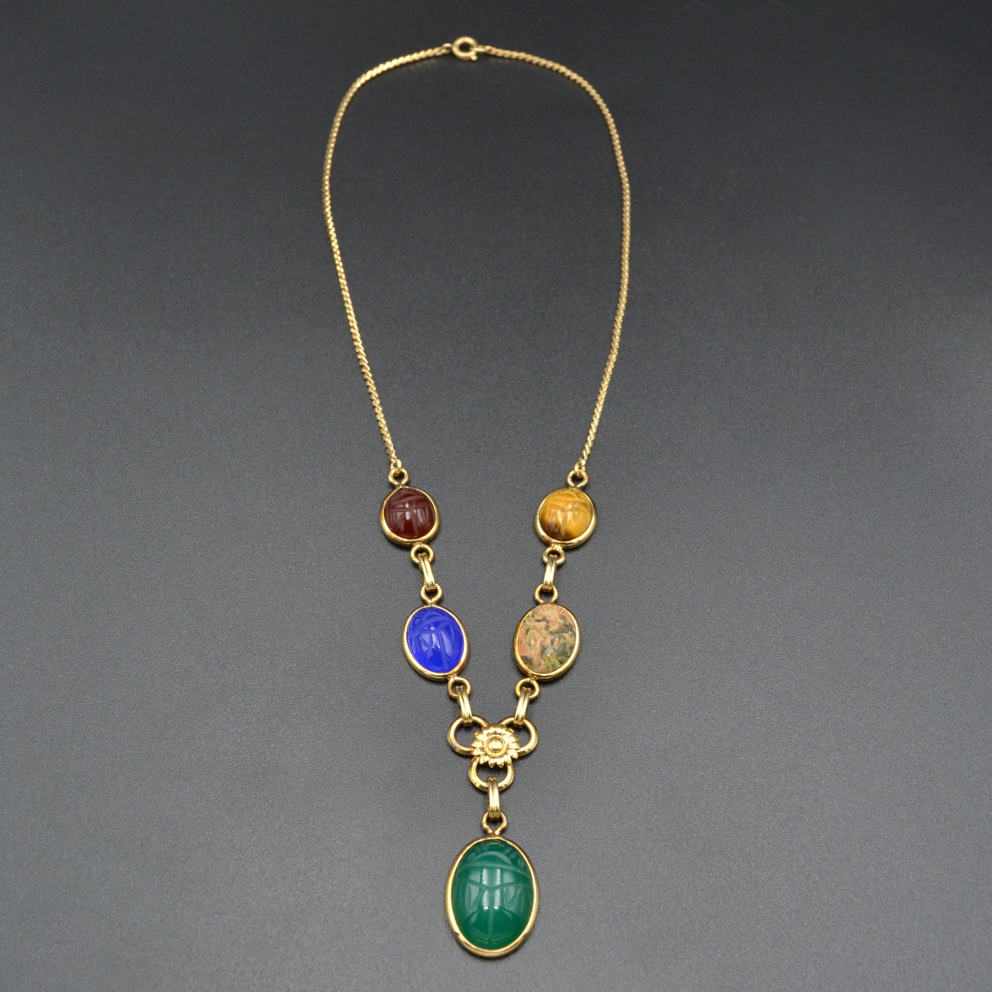Vintage Egyptian Revival Gemstone Scarab and Gold-filled Lariat Necklace