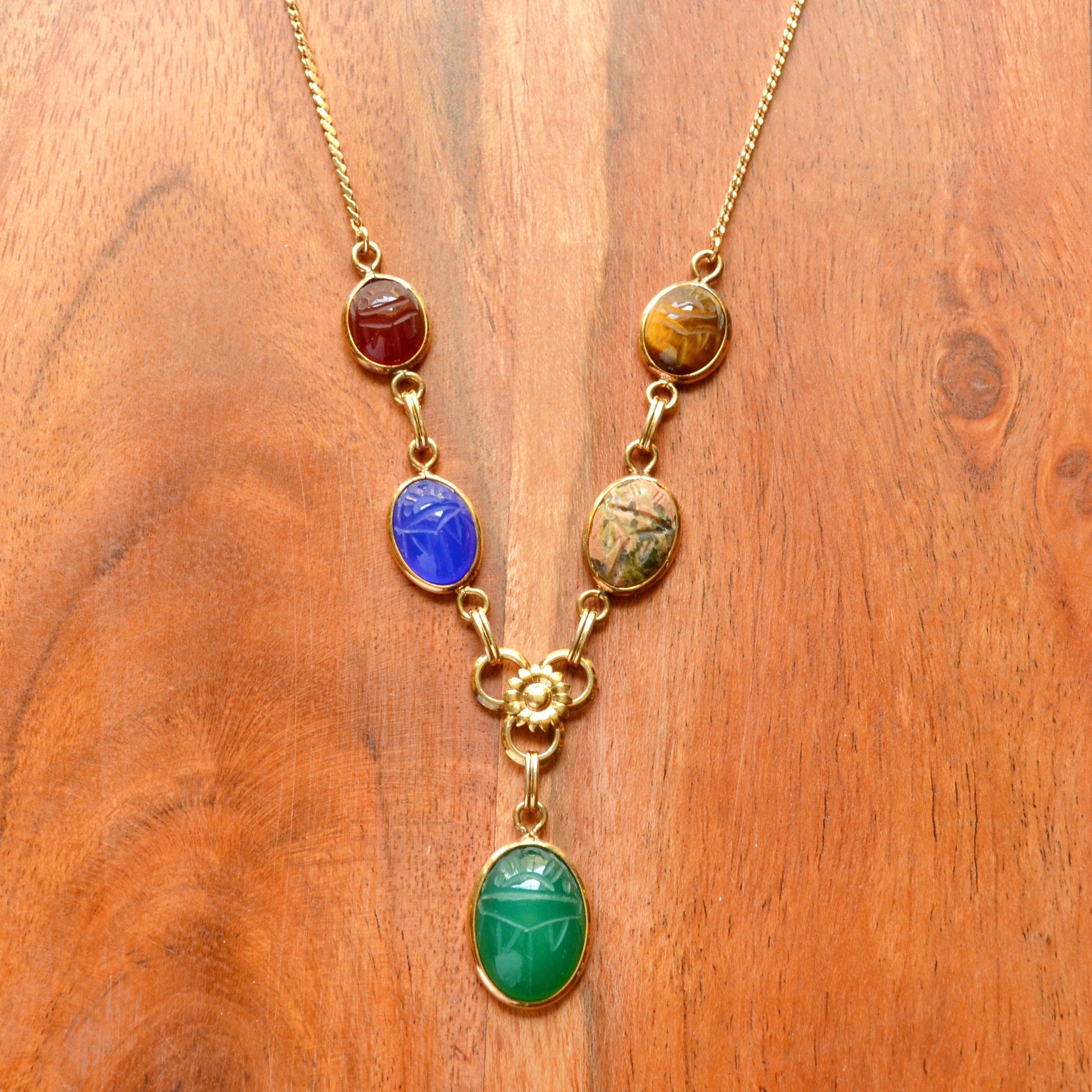 Vintage Egyptian Revival Gemstone Scarab and Gold-filled Lariat Necklace