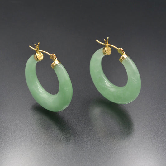 Vintage 14k Gold and Jadeite Jade Hoop Earrings