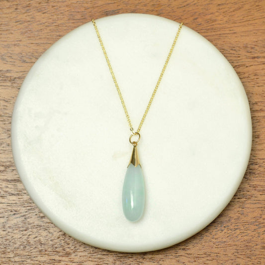 Vintage Light Green Jade and 14k Gold Drop Necklace