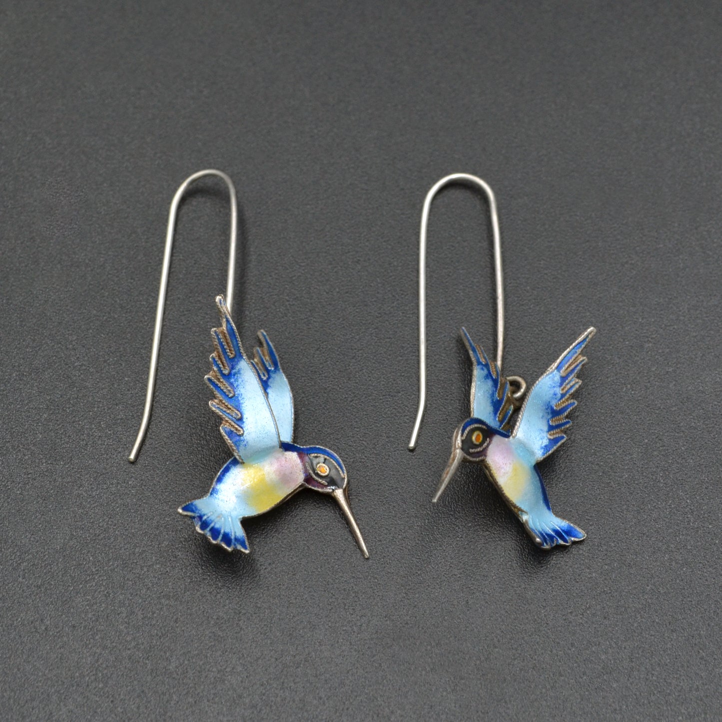 Vintage Pastel Enamel and Silver Figural Hummingbird Earrings