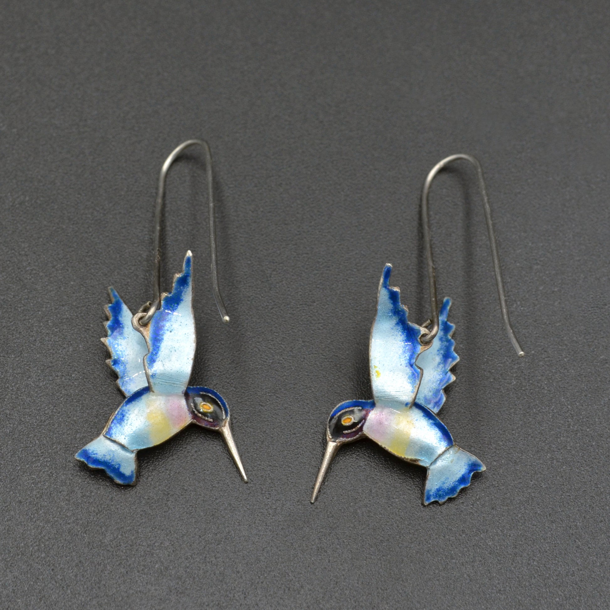 Vintage Pastel Enamel and Silver Figural Hummingbird Earrings