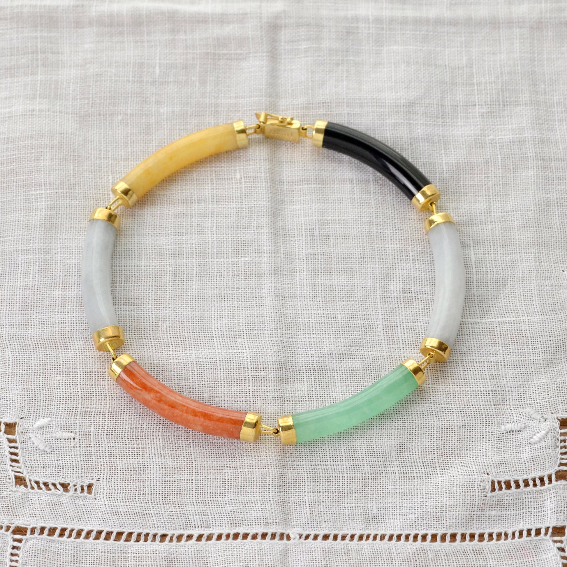Vintage Multicolor Jade and 14k Gold Bracelet