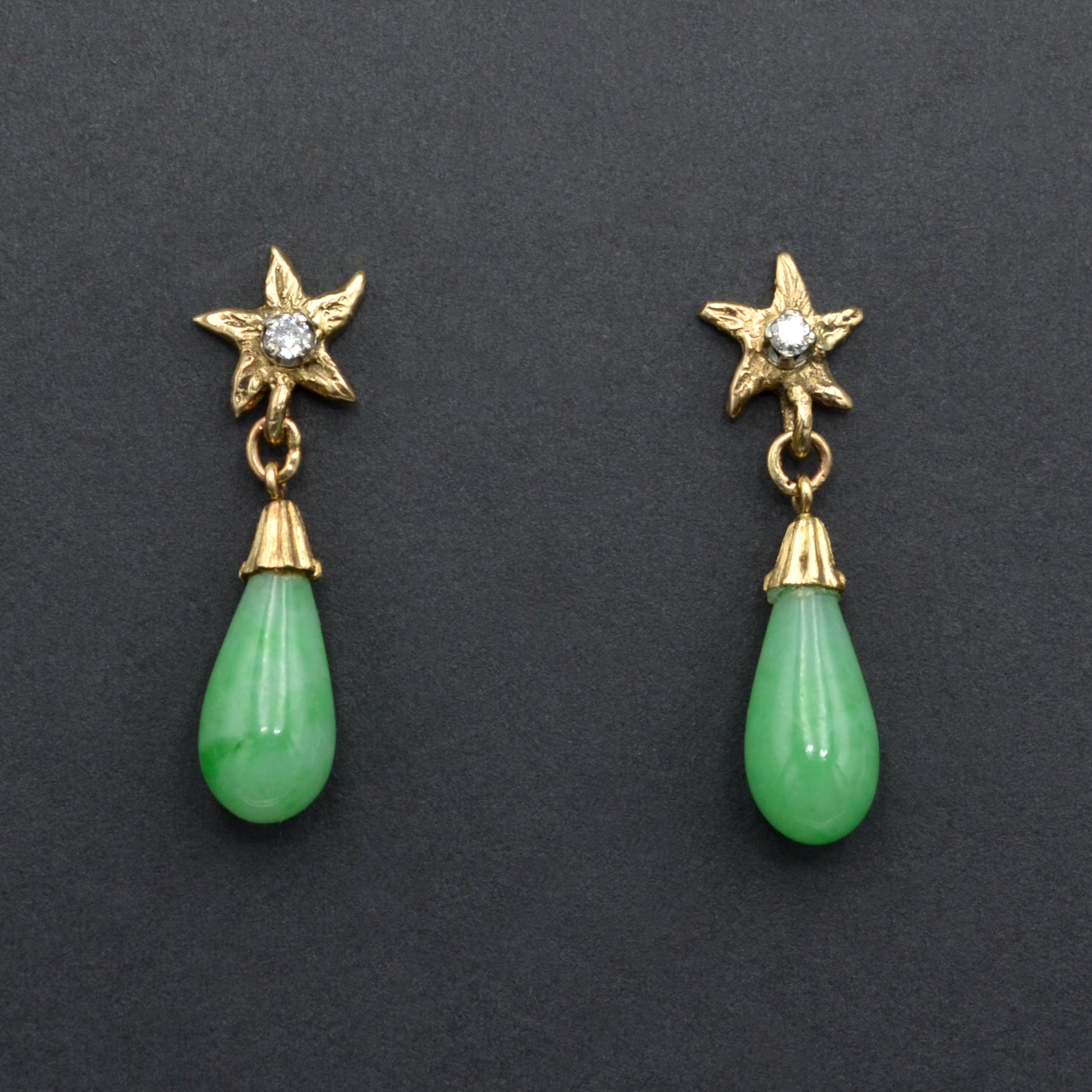 Vintage 14k Gold, Jadeite Jade and Diamond Teardrop Earrings