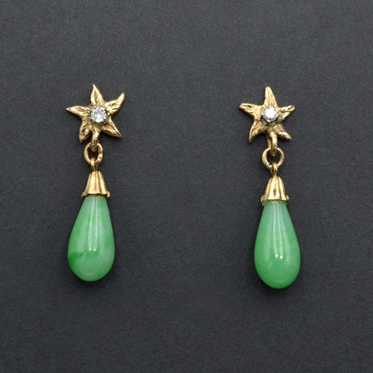 Vintage 14k Gold, Jadeite Jade and Diamond Teardrop Earrings