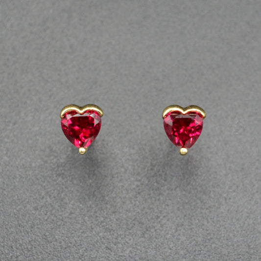 Vintage 14k Gold Synthetic Ruby Heart Post Earrings