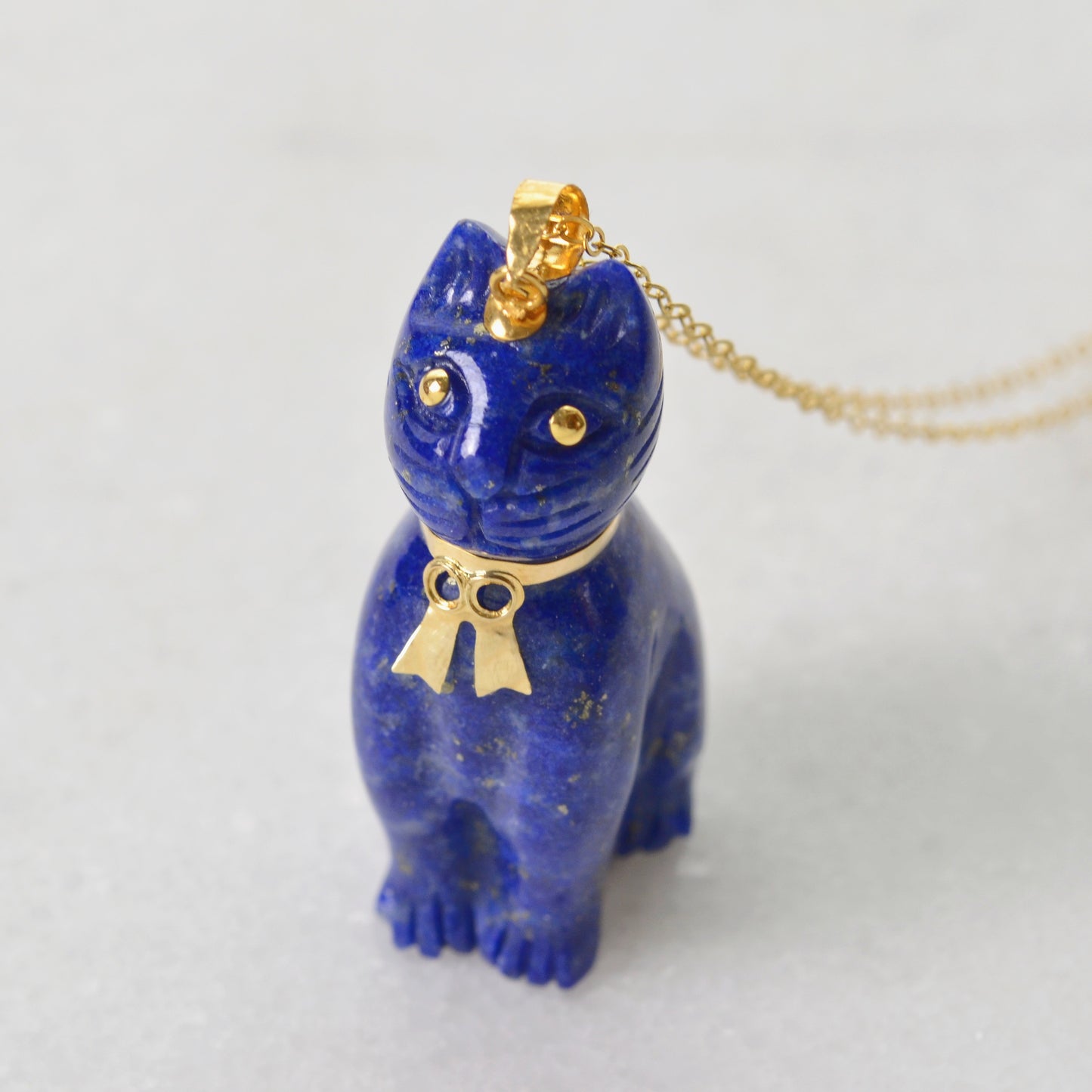 Vintage Lapis Lazuli and 14k Gold Cat Pendant Necklace III