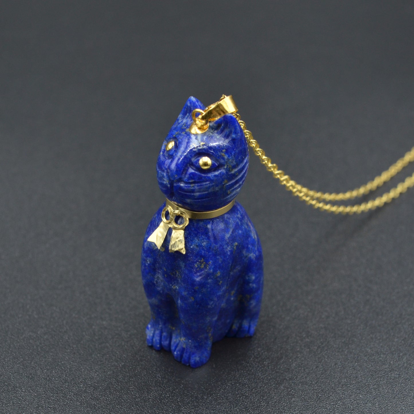 Vintage Lapis Lazuli and 14k Gold Cat Pendant Necklace III