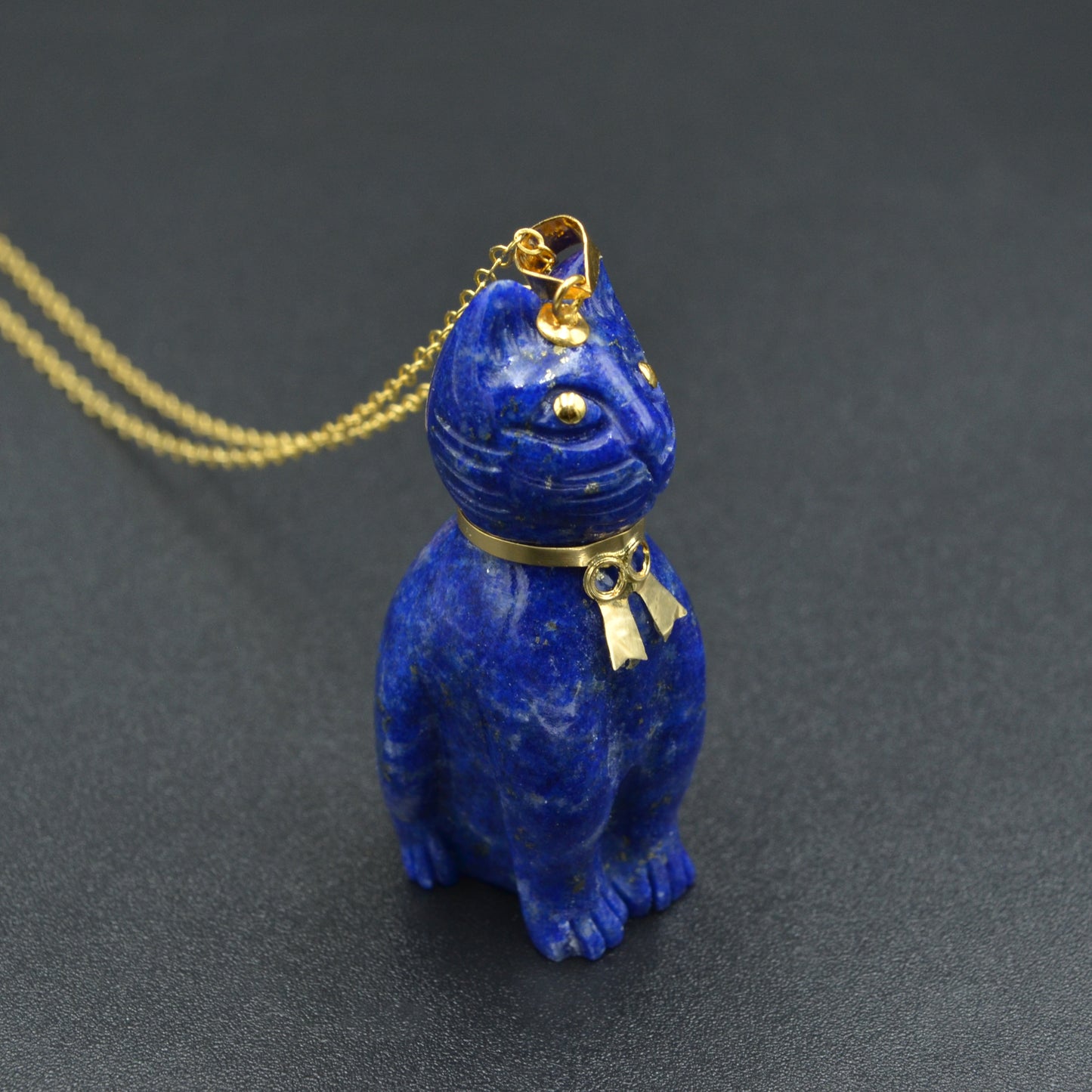 Vintage Lapis Lazuli and 14k Gold Cat Pendant Necklace III