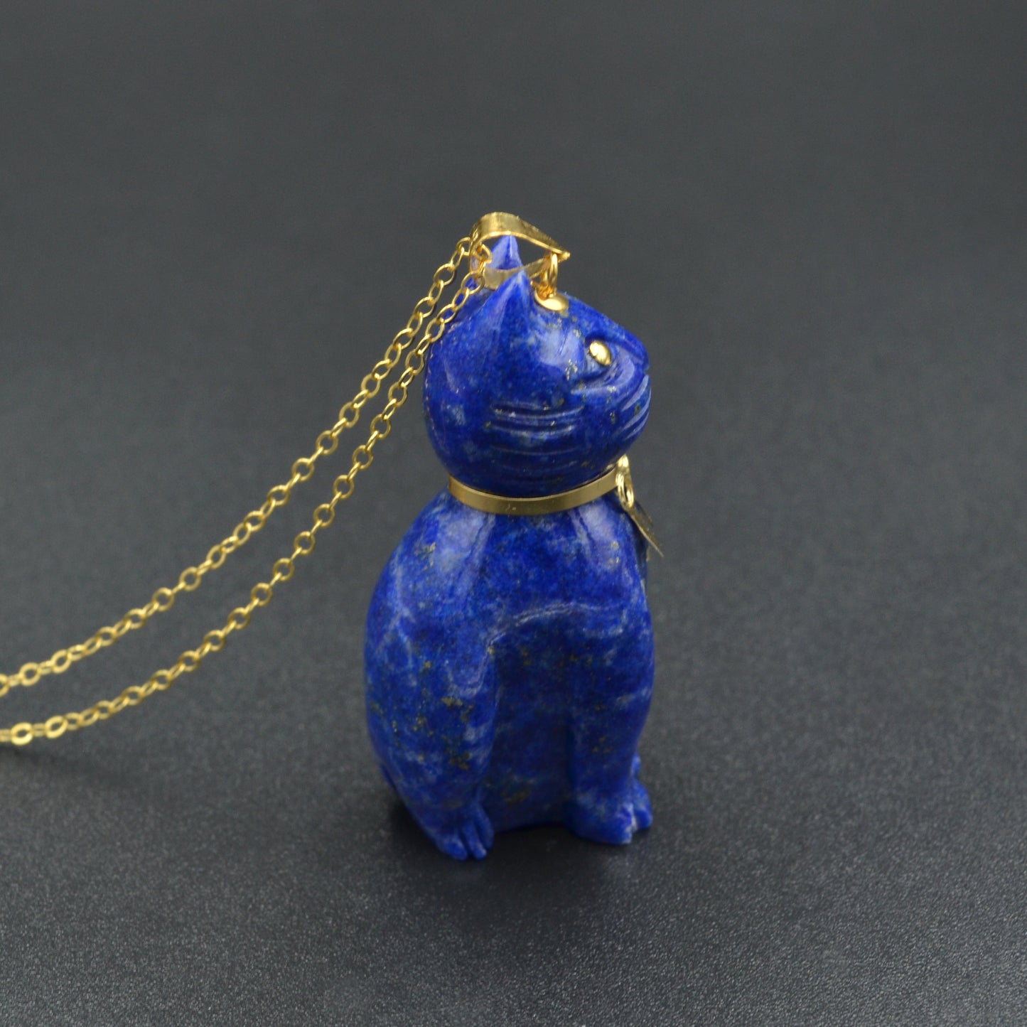 Vintage Lapis Lazuli and 14k Gold Cat Pendant Necklace III