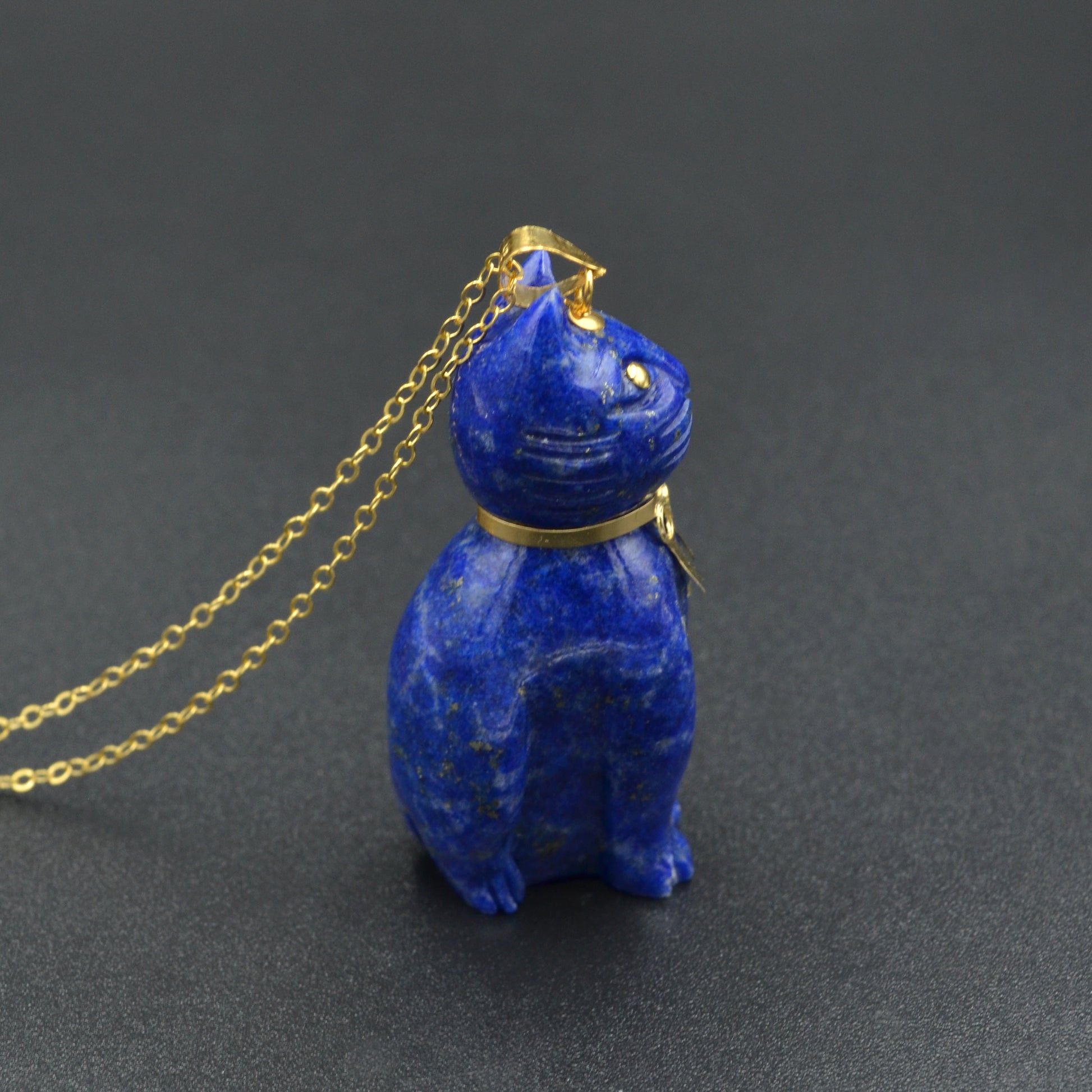 Vintage Lapis Lazuli and 14k Gold Cat Pendant Necklace III