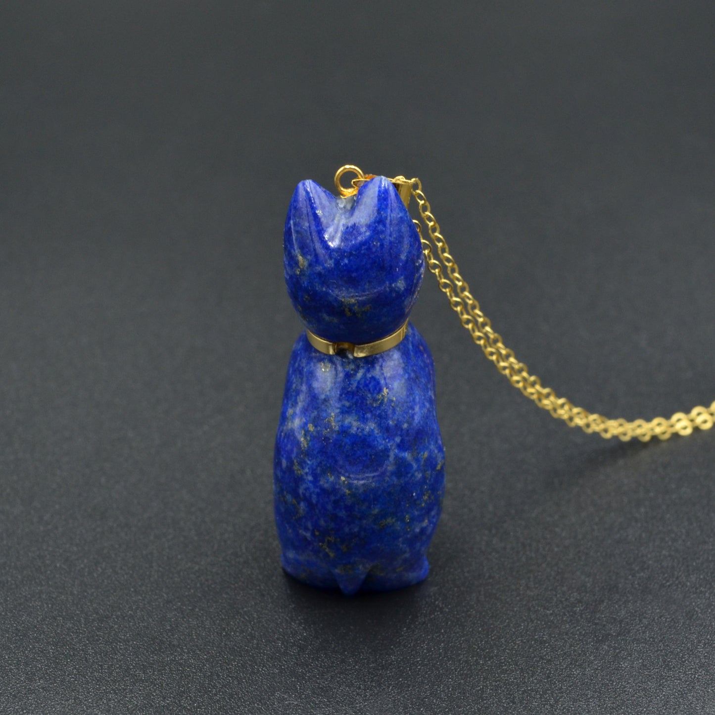 Vintage Lapis Lazuli and 14k Gold Cat Pendant Necklace III