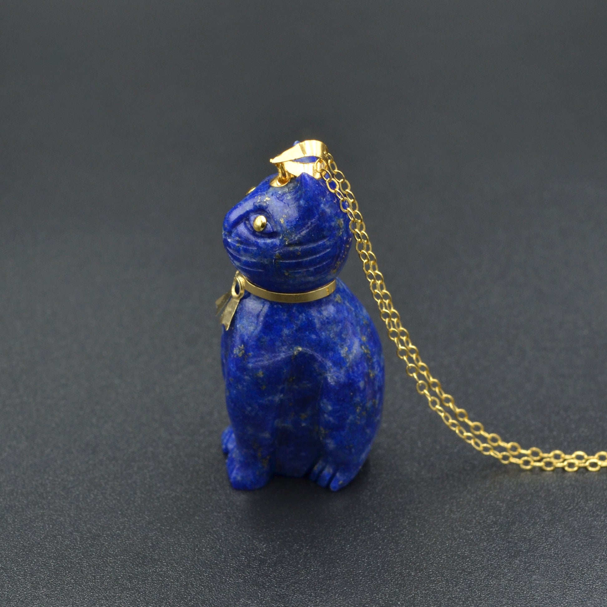 Vintage Lapis Lazuli and 14k Gold Cat Pendant Necklace III