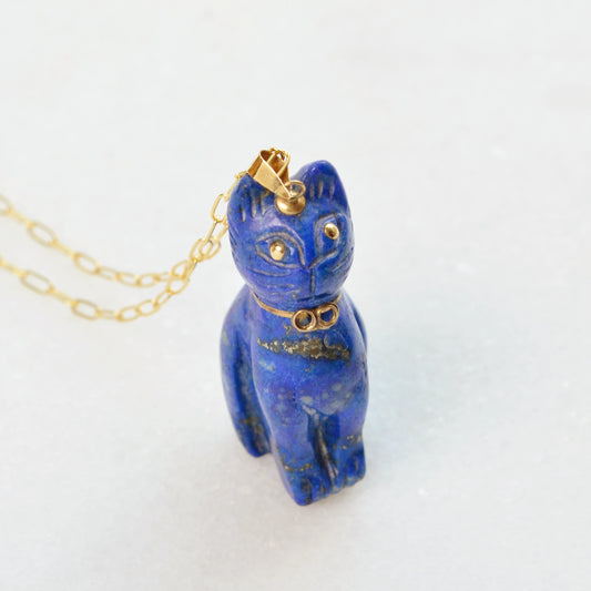 Vintage Lapis Lazuli and 14k Gold Cat Pendant Necklace I 