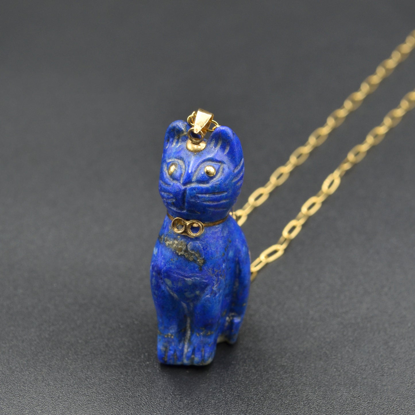 Vintage Lapis Lazuli and 14k Gold Cat Pendant Necklace I 