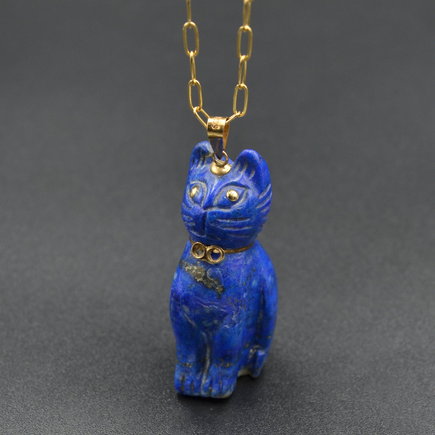 Vintage Lapis Lazuli and 14k Gold Cat Pendant Necklace I 