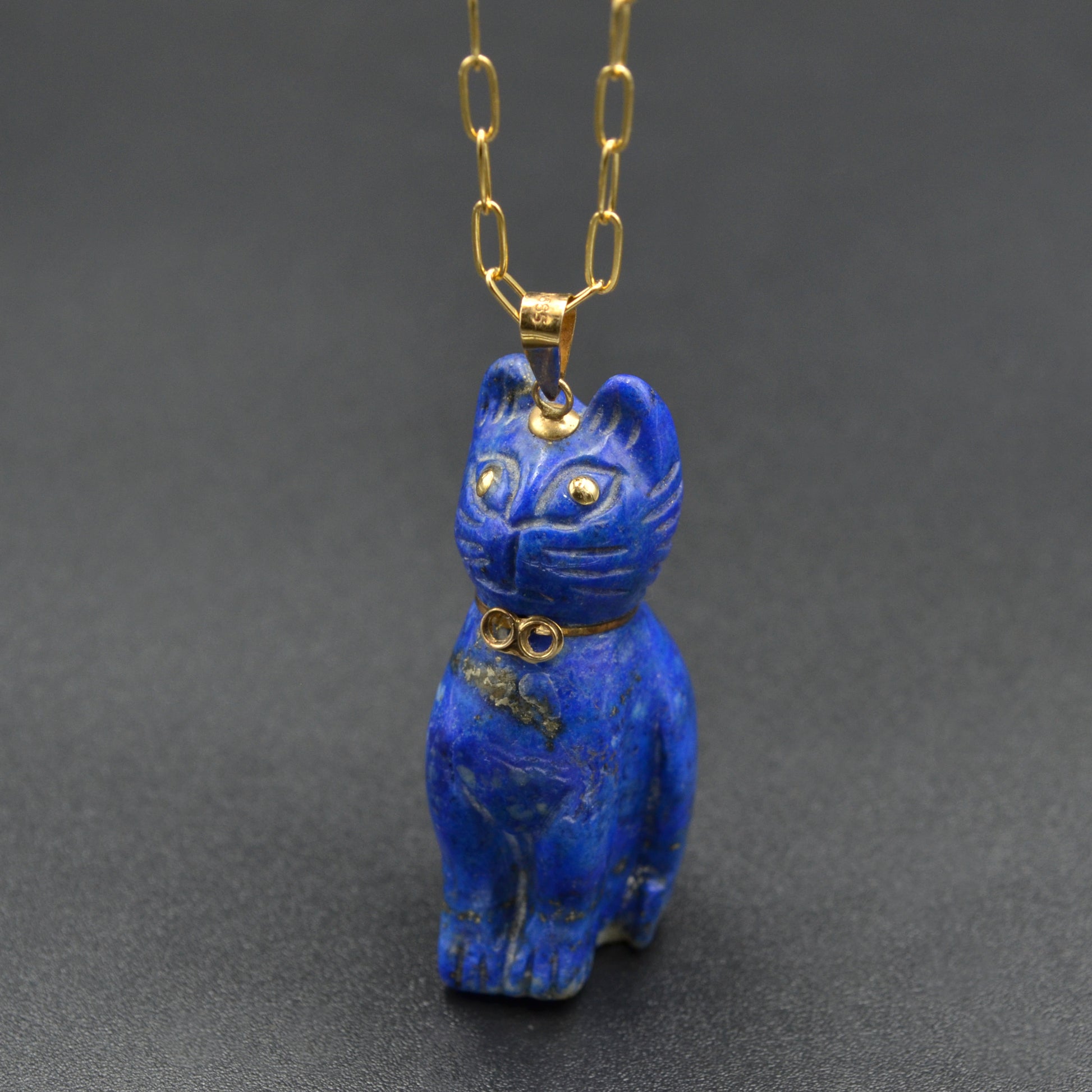 Vintage Lapis Lazuli and 14k Gold Cat Pendant Necklace I 