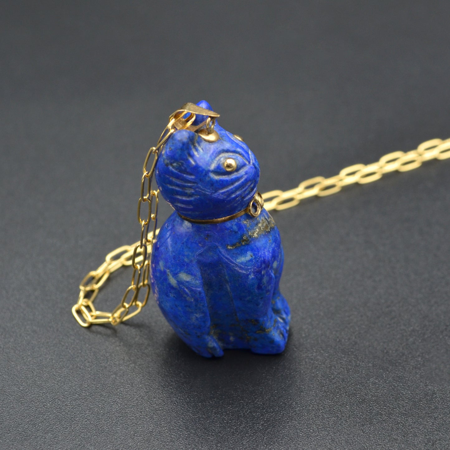 Vintage Lapis Lazuli and 14k Gold Cat Pendant Necklace I 