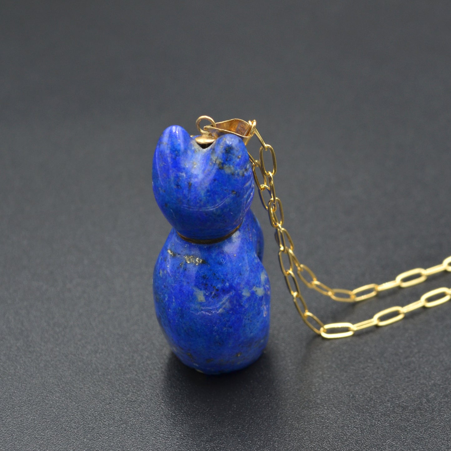 Vintage Lapis Lazuli and 14k Gold Cat Pendant Necklace I 