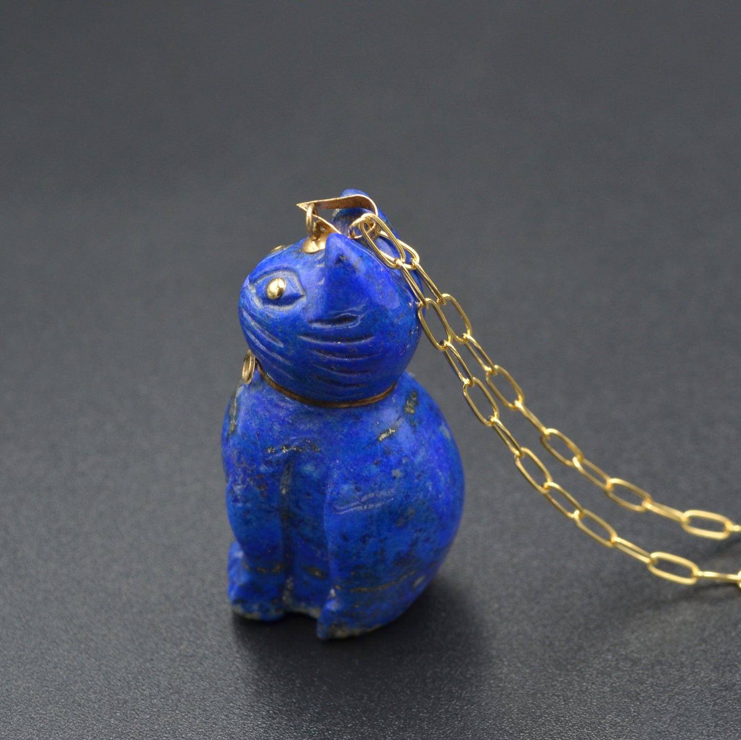 Vintage Lapis Lazuli and 14k Gold Cat Pendant Necklace I 