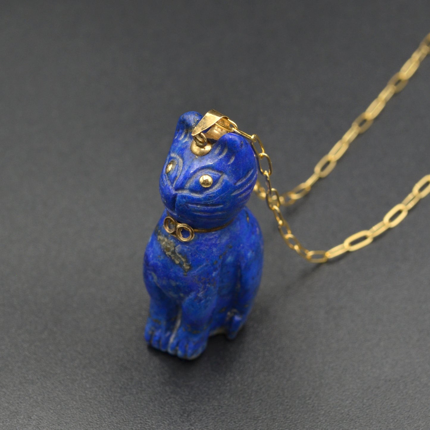 Vintage Lapis Lazuli and 14k Gold Cat Pendant Necklace I 