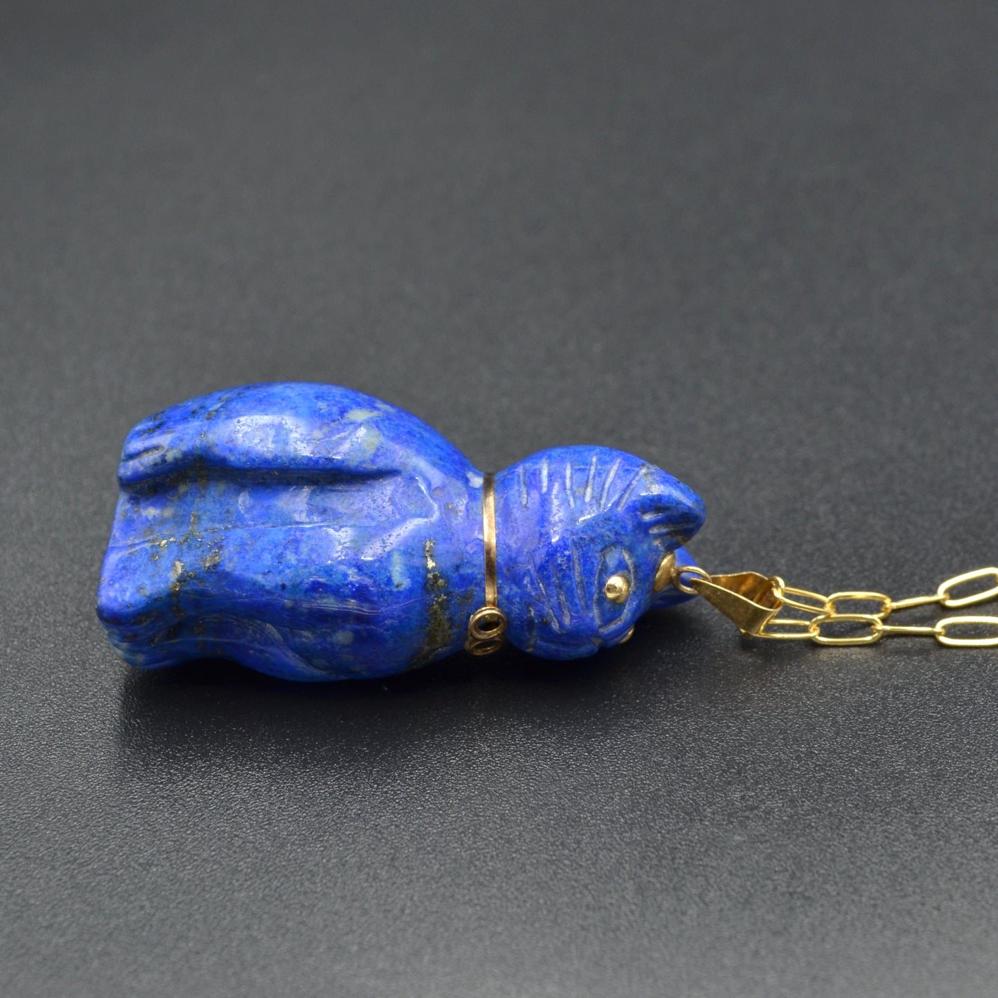 Vintage Lapis Lazuli and 14k Gold Cat Pendant Necklace I 
