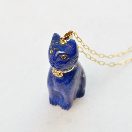 Vintage Lapis Lazuli and 14k Gold Cat Pendant Necklace II