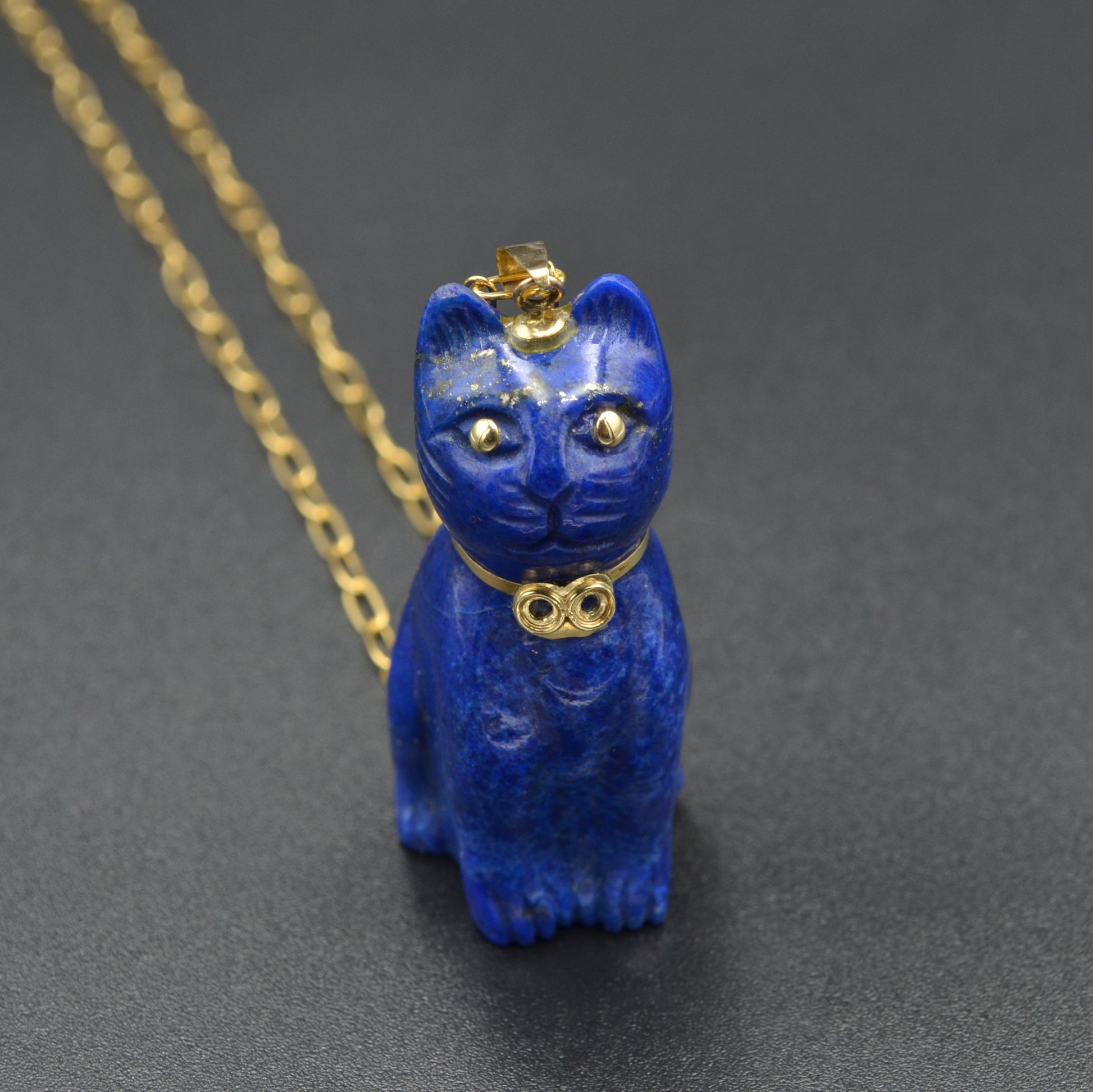 Vintage Lapis Lazuli and 14k Gold Cat Pendant Necklace II