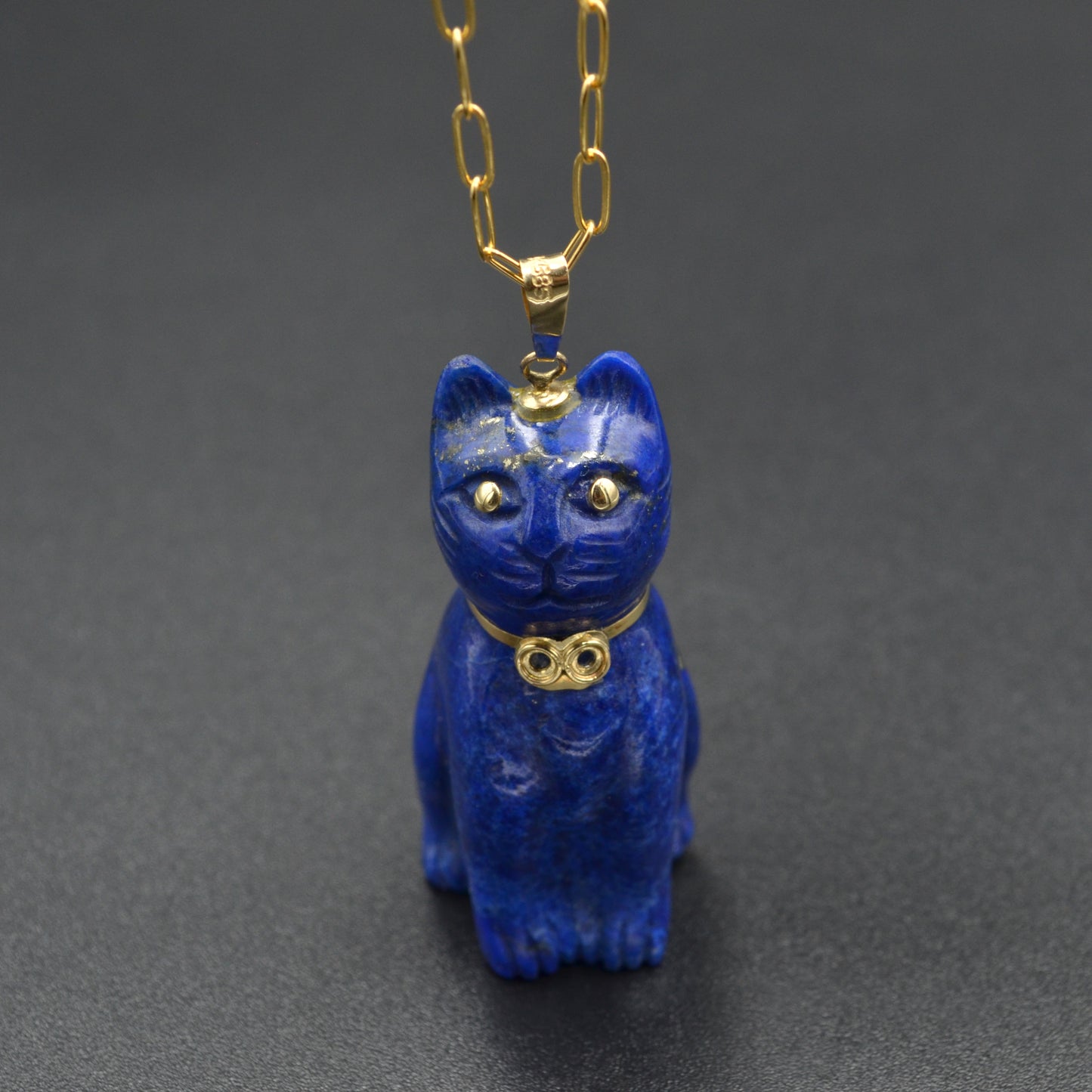 Vintage Lapis Lazuli and 14k Gold Cat Pendant Necklace II