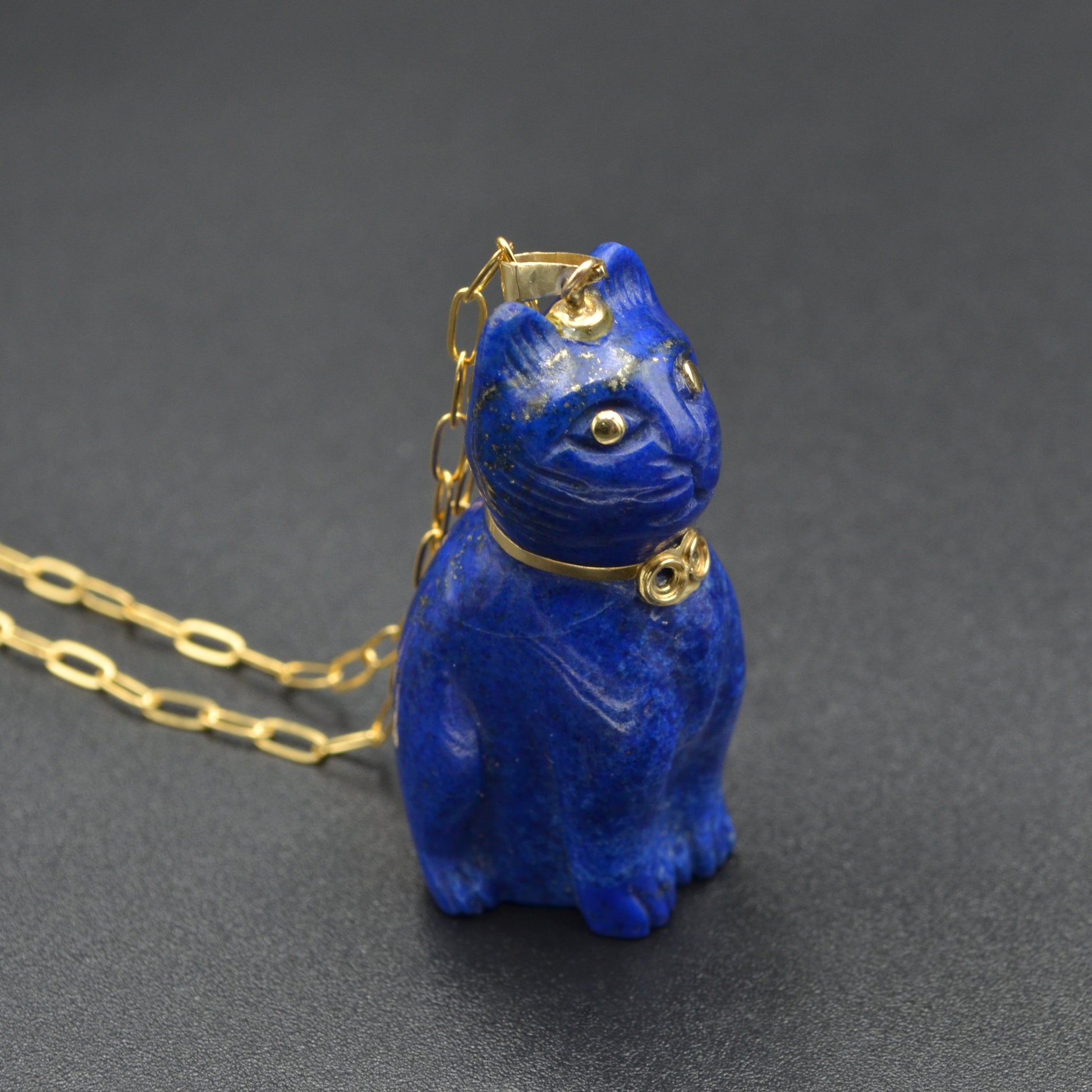 Vintage Lapis Lazuli and 14k Gold Cat Pendant Necklace II