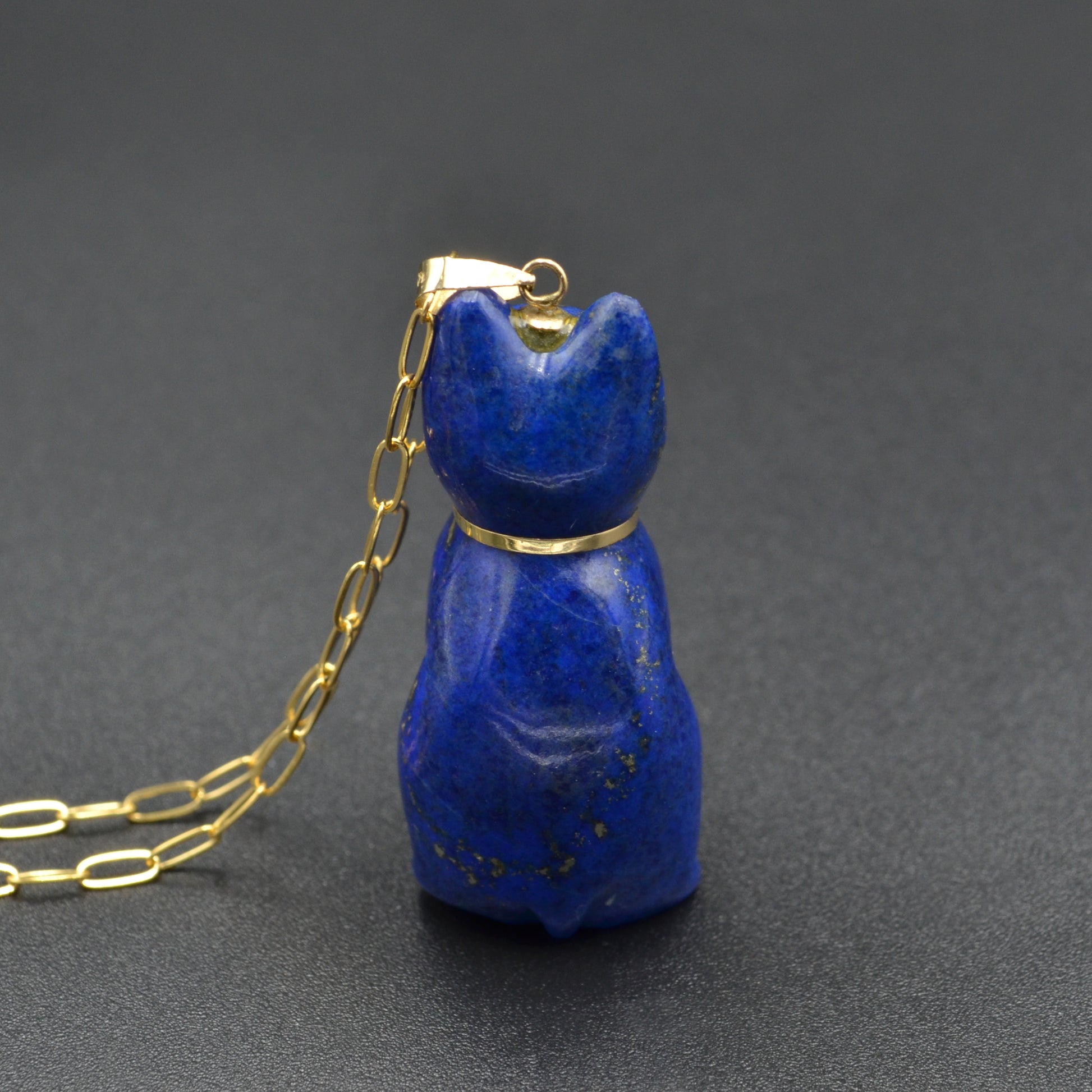 Vintage Lapis Lazuli and 14k Gold Cat Pendant Necklace II
