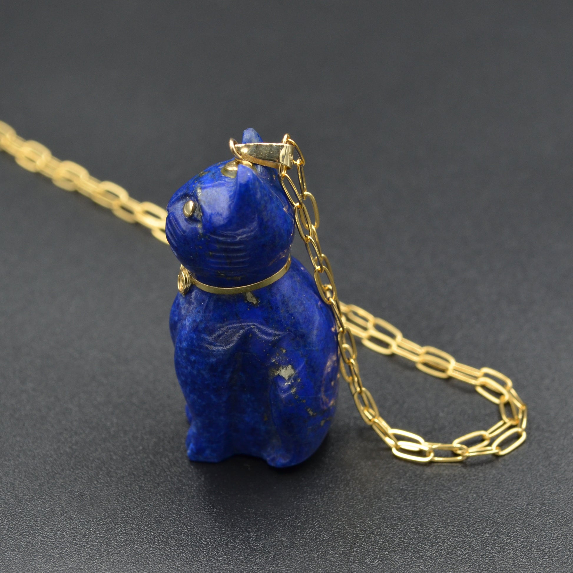 Vintage Lapis Lazuli and 14k Gold Cat Pendant Necklace II