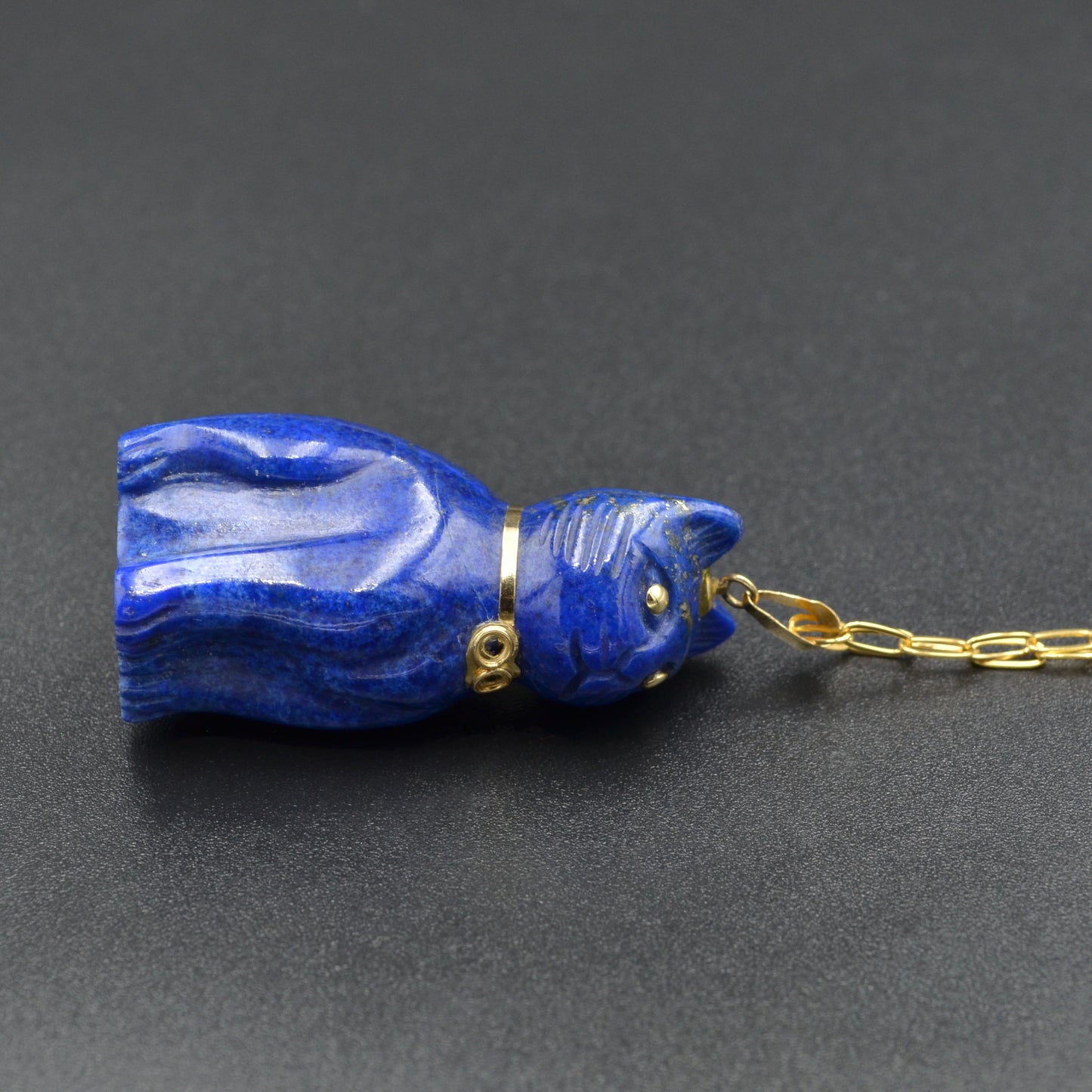 Vintage Lapis Lazuli and 14k Gold Cat Pendant Necklace II