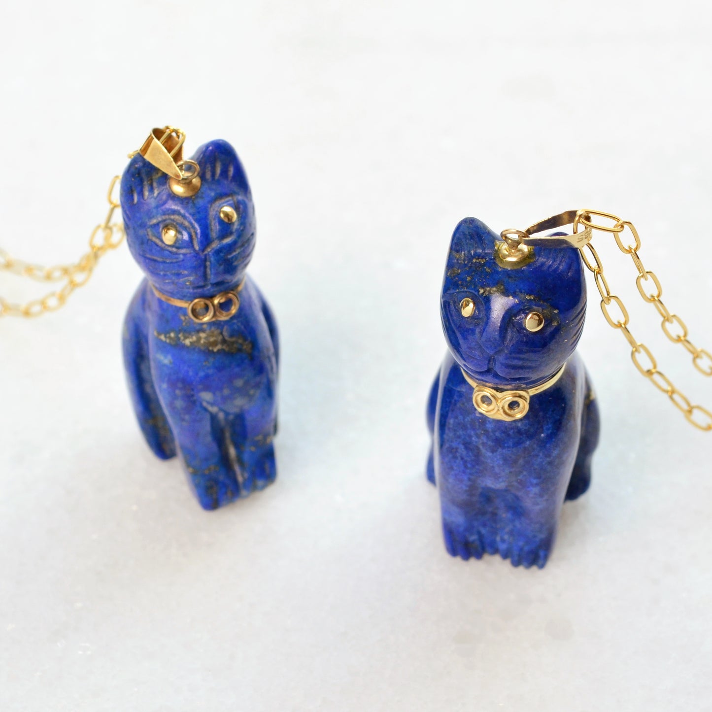 Vintage Lapis Lazuli and 14k Gold Cat Pendant Necklaces