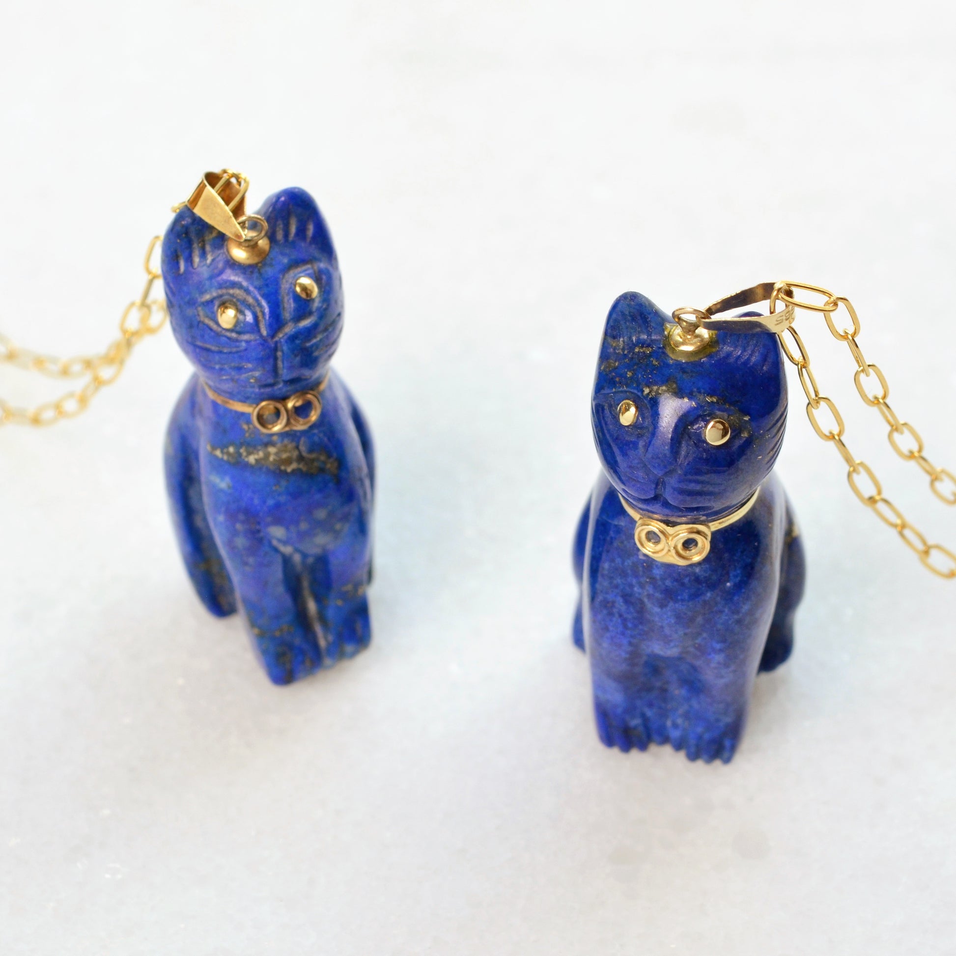 Vintage Lapis Lazuli and 14k Gold Cat Pendant Necklaces