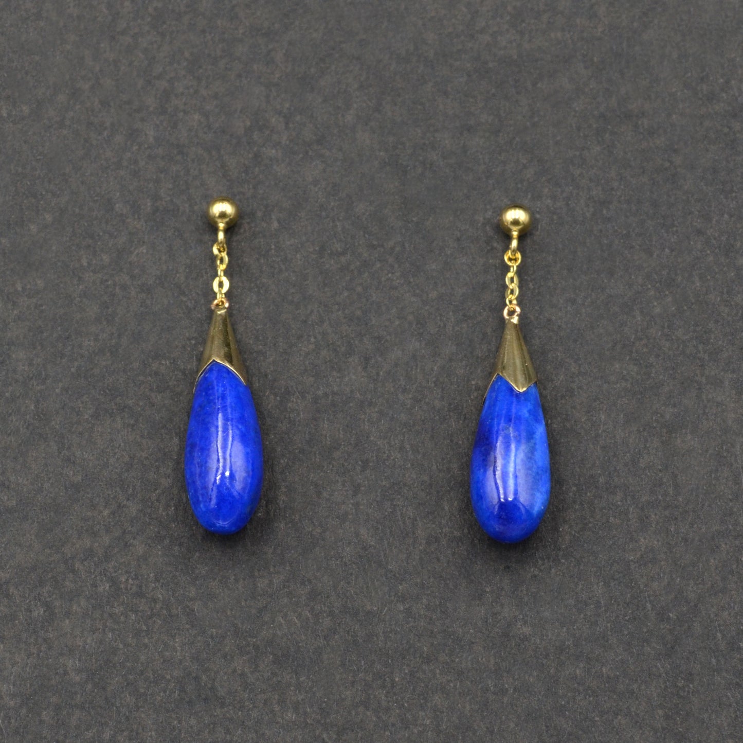 Vintage Carved Dangle Drop Lapis and 14k Yellow Gold Earrings