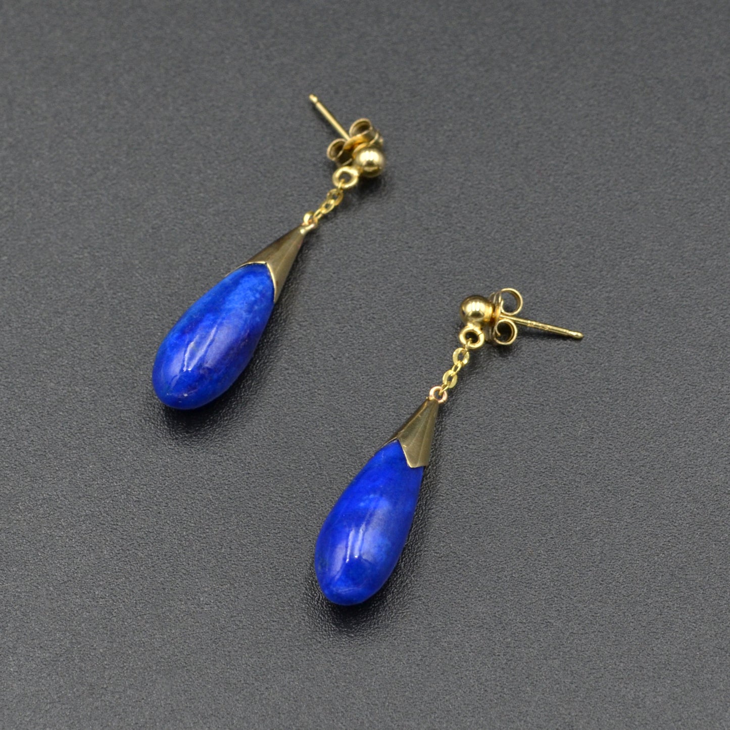 Vintage Carved Dangle Drop Lapis and 14k Yellow Gold Earrings