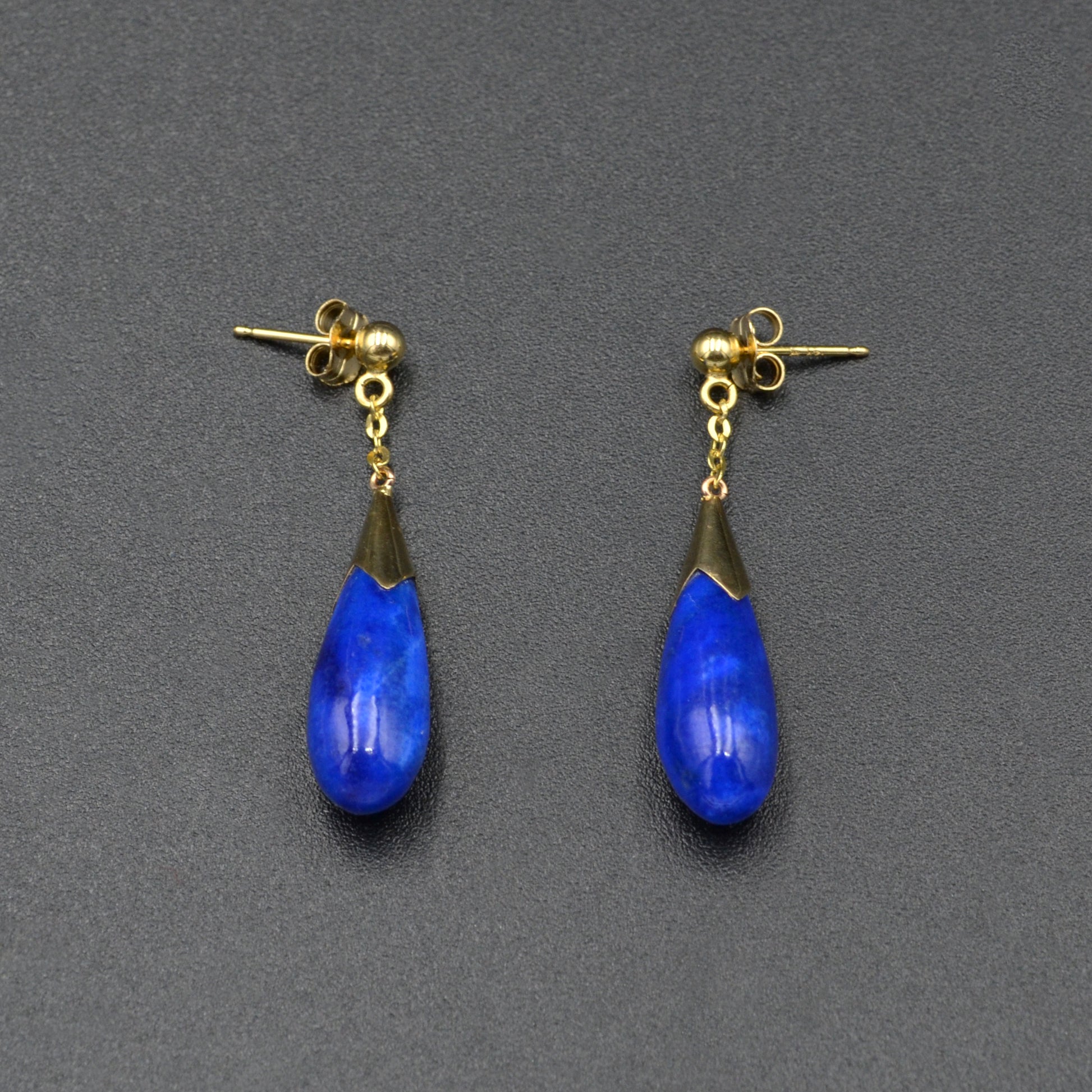 Vintage Carved Dangle Drop Lapis and 14k Yellow Gold Earrings