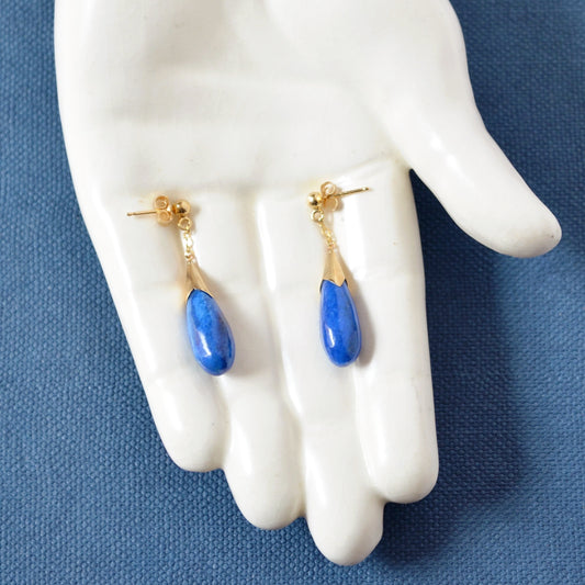 Vintage Carved Dangle Drop Lapis and 14k Yellow Gold Earrings