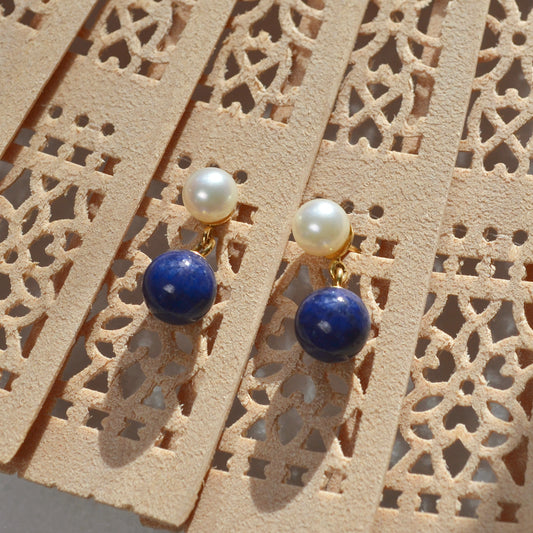 Vintage Lapis Lazuli, Cultured Pearl and 14k Gold Drop Earrings