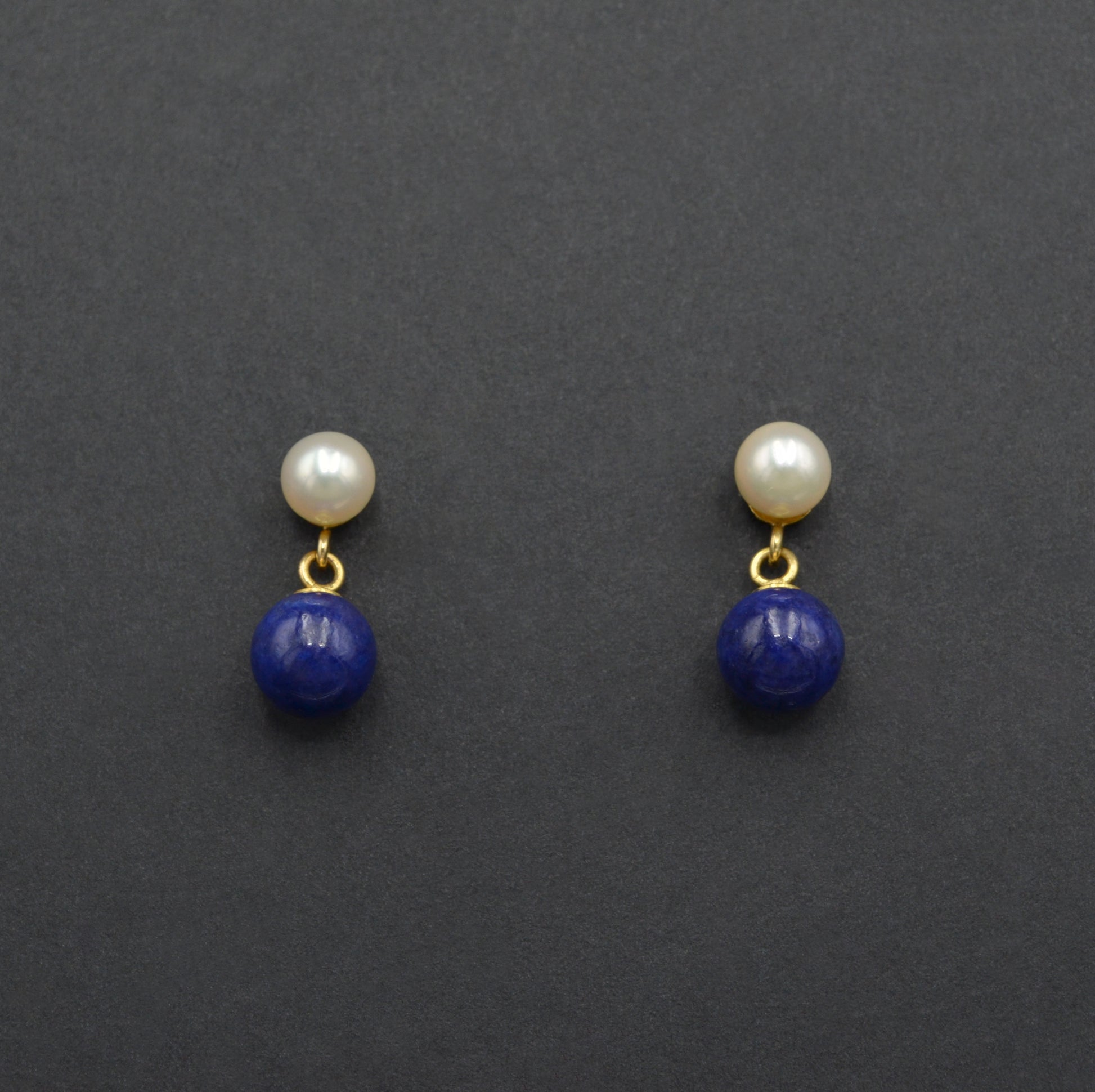 Vintage Lapis Lazuli, Cultured Pearl and 14k Gold Drop Earrings