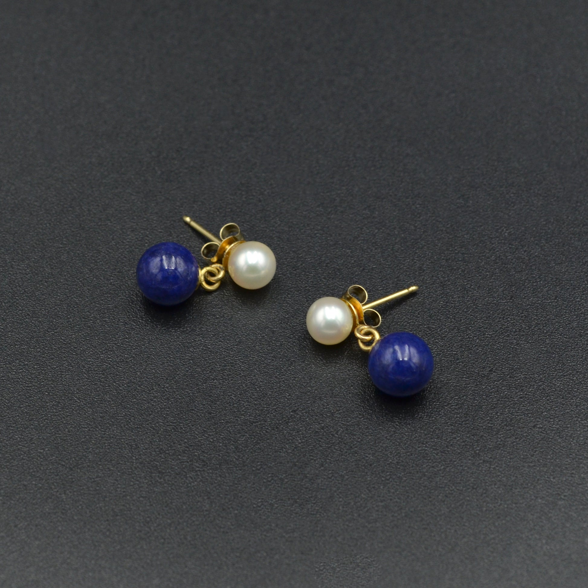 Vintage Lapis Lazuli, Cultured Pearl and 14k Gold Drop Earrings
