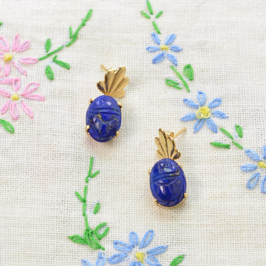 Vintage Lapis Lazuli Scarab and 14k Gold Earrings