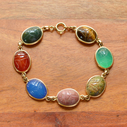 Vintage Egyptian Revival Gemstone Scarab and 14k Gold Bracelet